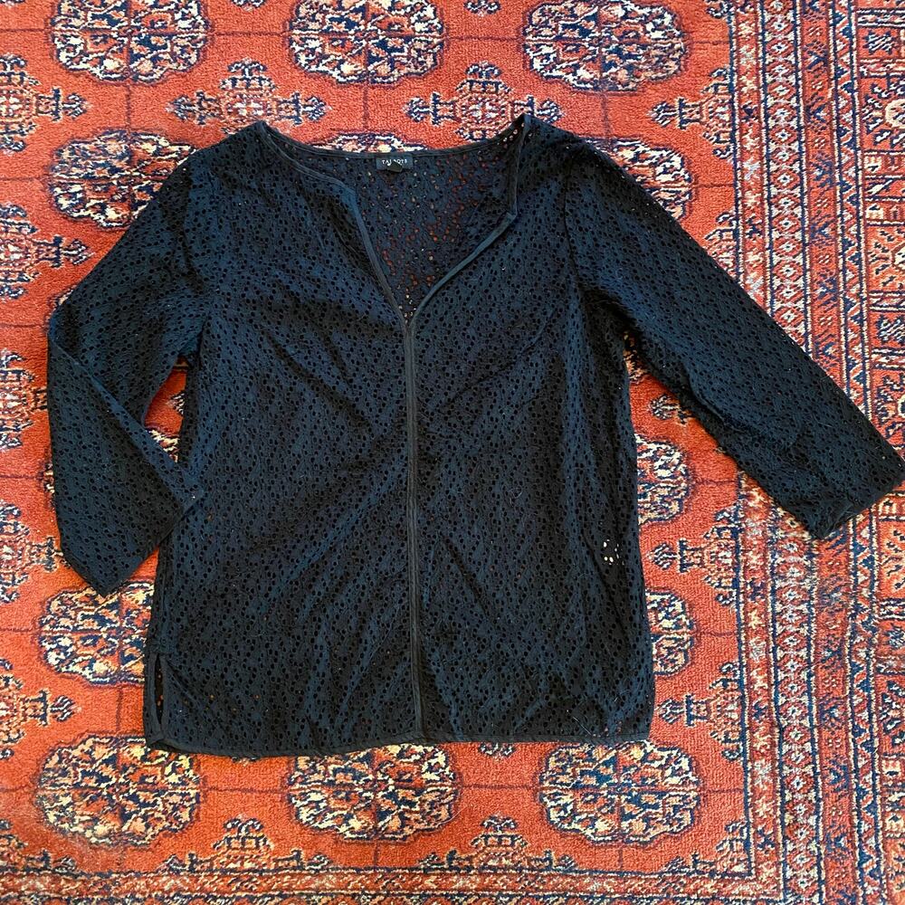 Talbots S‎ Black Semi Sheer Eyelet Split Neckline Pullover Top